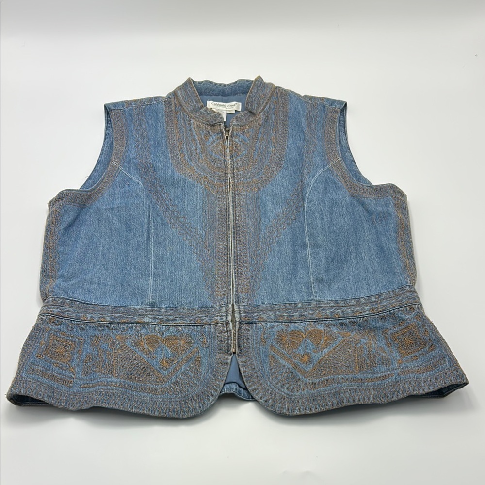 Coldwater Creek Embroidered Denim Vest Large Boho Artisan Blue Gold Zip